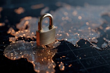 Lock icon symbolizes data security on a digital world map highlighting connectivity and the importance of cyber protection in todays global landscape