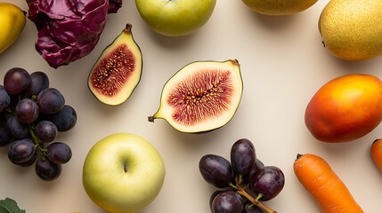 Overhead shot of diverse, colorful fruits and vegetables arranged on a neutral surface, halved figs showcase vibrant interiors among grapes, apples, and red cabbage.