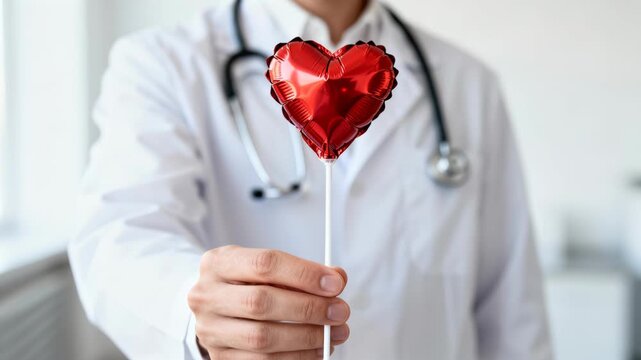 Doctor holds a red heart lollipop in an outstretched hand as a symbol of heart health and patient care. The white coat and stethoscope suggest a clinical setting. Shallow depth of field emphasizes the