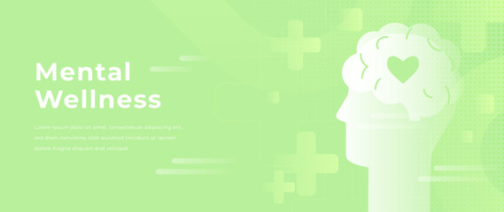 Soft light green mental health background with abstract transparent airy crosses and a human head silhouette with heart icon inside brain shape. Therapy, mindfulness and psychology concept design