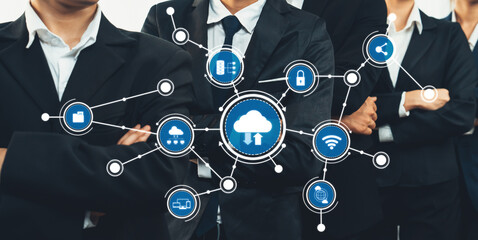 This image showcases a professional business team in suits, symbolizing the integration of cloud computing with digital network icons representing modern technologies and teamwork. Amity