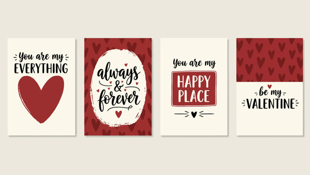 Valentine's Day Card Designs with Heart Motifs and Romantic Sayings
