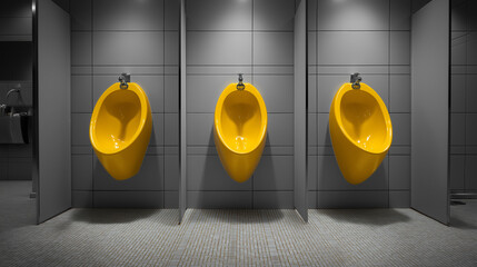 
Row of modern yellow ceramic urinals in a clean public restroom with  tiled walls and minimalist interior design
