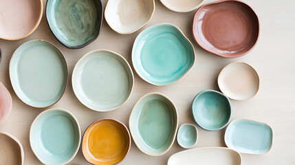 A collection of pastel-colored dishes are arranged on a white table, adding a touch of handmade elegance to any meal. These organic shapes and colors add a cozy feel to it.