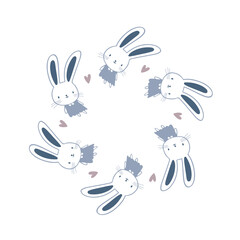 Obraz premium Minimalist round frame of cute Easter bunny, rabbit. Modern decorative vector Easter wreath design perfect for holiday cards, invitations, branding and holiday graphic projects.