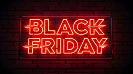 Obraz premium Vibrant neon black friday sign on dark brick background