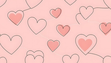 A digital illustration of pink hearts on a soft pink background with brown outlines