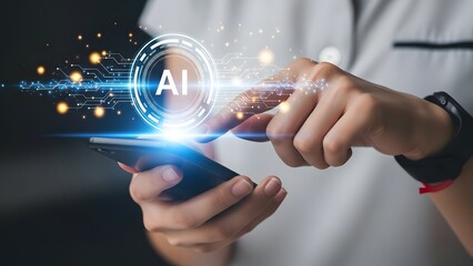 Close-up of Woman's Hands Using Smartphone with Futuristic Artificial Intelligence AI Hologram Interface