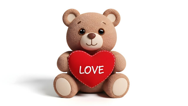 Cuddly teddy bear holding a red heart with love message