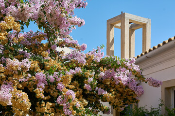 Modern concrete tower with pink bougainvillea flowers in Corfu Greece