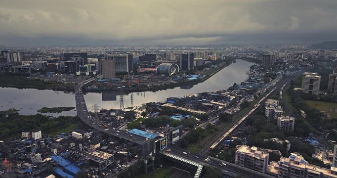 Aerial view of Bandra Kurla Complex (BKC), Mumbai, India, showcasing the city&rsquo;s prominent financial and commercial district. Beautiful cloudy weather during the monsoon.