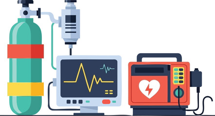 Medical equipment setup for emergency response featuring defibrillator, oxygen tank, and monitor on white background