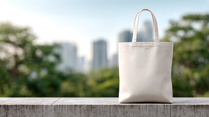 Plain canvas tote bag sits on a concrete ledge with a blurred city skyline and trees in the background