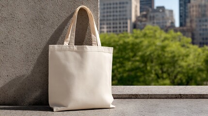 Plain canvas tote bag leans against a wall outdoors, cityscape blurred background