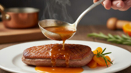 Juicy Seared Steak With Rich Sauce Drizzle And Citrus Garnish On Plate