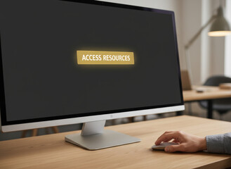 Office Computer Screen With Glowing Access Resources Button And Hand On Mouse For Digital Work And Productivity
