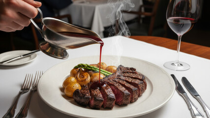 Sliced Beef Tenderloin With Roasted Potatoes, Asparagus, and Red Wine Sauce at Elegant Dinner