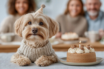 Celebrating a furry friend's special day, this adorable pup wears a tiny party hat and gazes sweetly at a miniature cake, evoking warmth and joy.