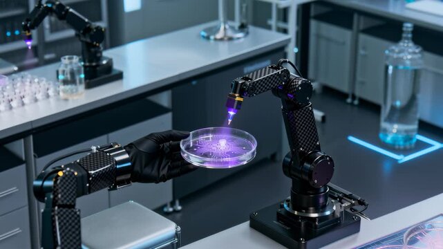Robotic arm engraves a petri dish with a purple laser in a laboratory environment. A gloved hand steadies the dish as precise microfabrication patterns are applied. The scene suggests automation and b