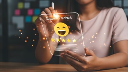 User Giving Excellent Customer Feedback and Five Star Rating on Transparent Digital Tablet Interface