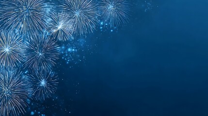 Blue background with bright, glowing fireworks exploding across the top left corner