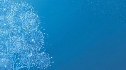 Blue background with stylized white fireworks, creating an abstract, celebratory scene