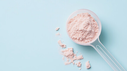 Scoop of pale pink supplement powder, nutritional boost. Ideal for health, fitness and balanced nutrition. Powder spills gently against a light blue backdrop, clean and focused.