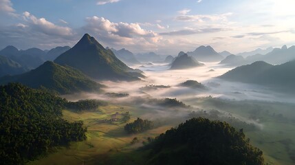 Aerial view of a mountain range enveloped by morning mist, with sunlit valleys below