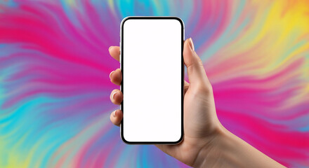 Hand holding smartphone with blank screen against colorful abstract background