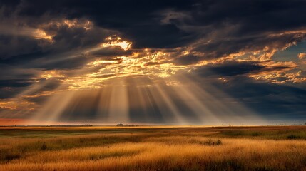 Dramatic landscape featuring golden fields with sun rays piercing through a stormy, cloudy sky