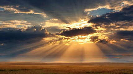 Dramatic sunbeams burst through a cloudy sky, illuminating a field of golden grass