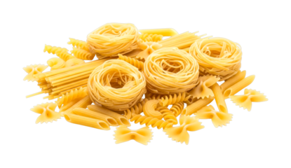 Various uncooked pasta shapes including fettuccine nests, penne, fusilli, and farfalle are artfully piled together, ready for a culinary creation.