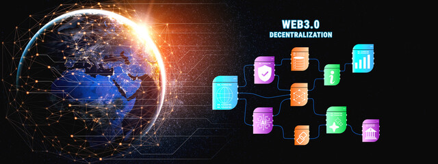 The Web 3.0 decentralization technology ecosystem. A flowchart of interconnected concepts like AI, blockchain, security, and decentralized finance. Motif