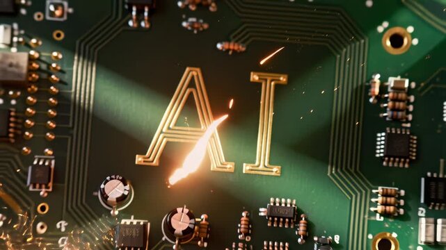 Circuit board features gold AI letters on a green PCB surface with electronic components. Diagonal light creates strong contrast and highlights metallic traces and textured solder points. Close-up tec
