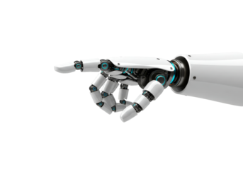 Sleek white robotic hand points forward with its index finger, symbolizing innovation, future technology, and artificial intelligence.