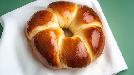 Golden Challah wreath on a white cloth over a green background. This eye-level, medium shot highlights its braided texture, baked to perfection, shiny and inviting.