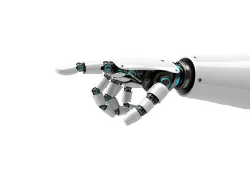 Sleek white robotic hand points forward with its index finger, symbolizing innovation, future technology, and artificial intelligence. - Powered by Adobe