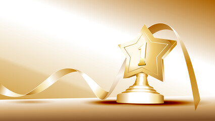 A majestic golden trophy stands on a pedestal, topped with a shining star labeled 1 and a flowing ribbon. Set against a warm beige gradient, it symbolizes ultimate achievement and first-place glory.