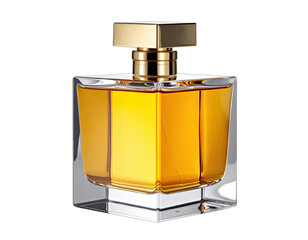 Elegant, rectangular perfume bottle with gold cap, filled with amber-colored liquid