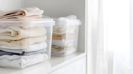 A well-organized closet with clear bins of folded clothes, showcasing a minimalist and serene aesthetic for home storage, bathed in soft, natural light from the window.