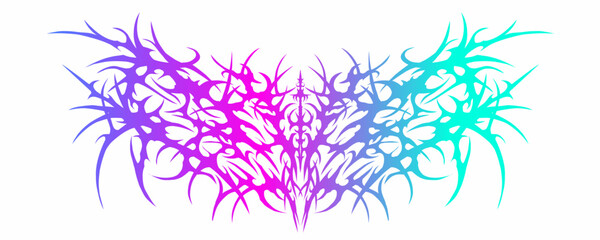 Symmetrical abstract tribal thorn ornament with vibrant gradient colors, blending cyber and gothic aesthetics for modern streetwear prints, digital posters, music visuals, and contemporary branding