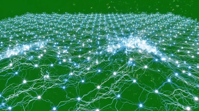 Glowing blue neural network connections on green background, futuristic technology