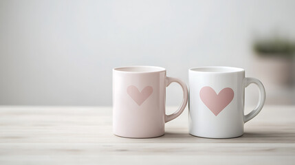 A simple image showcasing two mugs, one pink and one white, each adorned with a heart. These mugs are placed side-by-side on a light wooden surface against a neutral background.