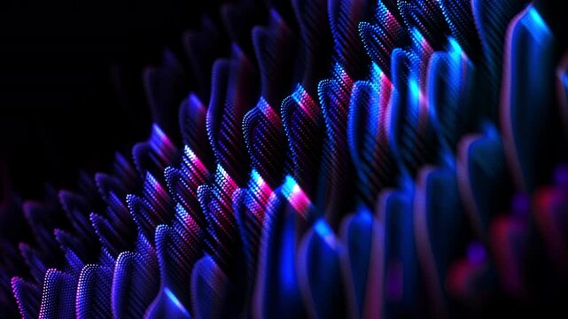 Flowing digital waves and glowing blue and purple lines on black background. Abstract concept of artificial intelligence, neural networks, deep learning and data flow. Seamless looping AI background