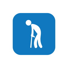 old age icon. Symbol of a person walking with a cane in a square blue background showing support for mobility and accessibility needs. Vector 