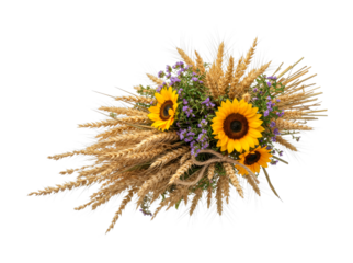 Bouquet of sunflowers and wheat stalks with purple flowers tied together with rustic twine, celebrating the abundance of autumn harvest.