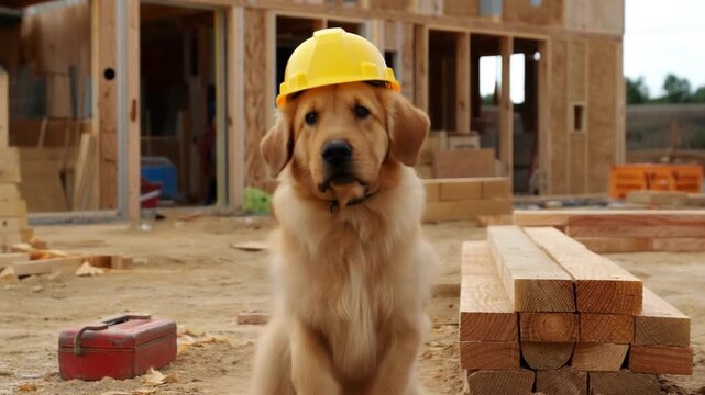 Golden Retriever puppy wearing a yellow hard hat at a construction site. Cute dog sitting by lumber then walking toward the camera. Funny construction worker concept
