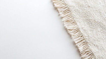 A textured, neutral-toned fabric with fringe edges placed on a clean, white background, emphasizing simplicity and subtle detail in a minimalist composition.