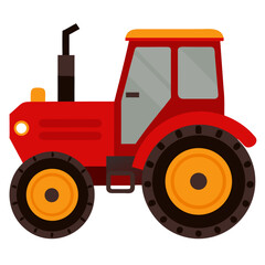 Red Agricultural Tractor Side View.. Flat vector icon isolated on white background