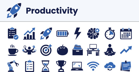 Obraz premium Productivity and Efficiency Vector Icon Set. Growth, Performance, Focus, and Improvement Symbols. Blue Flat Design Style.